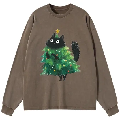 Tokyo-Tiger Christmas Tree Cat Japan Washed Long Sleeve T-Shirt