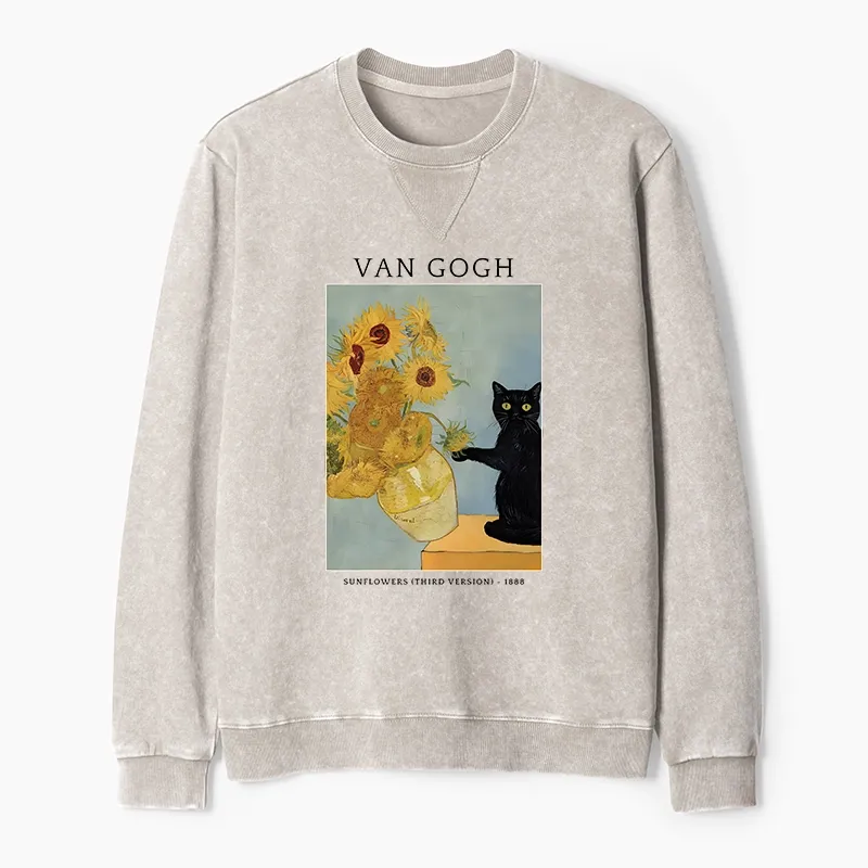 Tokyo-Tiger Black Cat With Sunflowers Washed Terry Sweatshirt