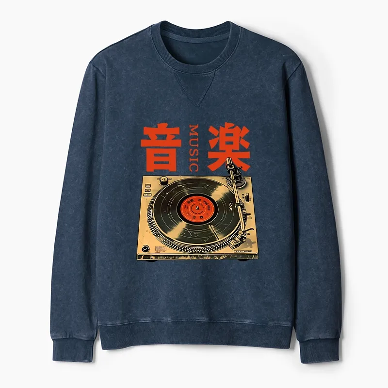 Tokyo-Tiger Retro Music Record Player Washed Terry Sweatshirt