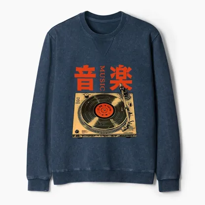 Tokyo-Tiger Retro Music Record Player Washed Terry Sweatshirt