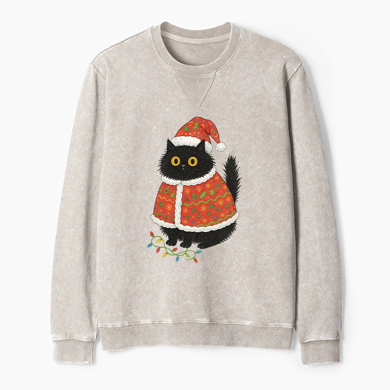 Tokyo-Tiger Cat Wearing Santa Hat Washed Terry Sweatshirt