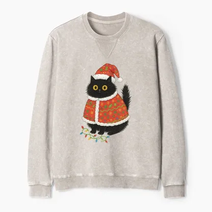 Tokyo-Tiger Cat Wearing Santa Hat Washed Terry Sweatshirt