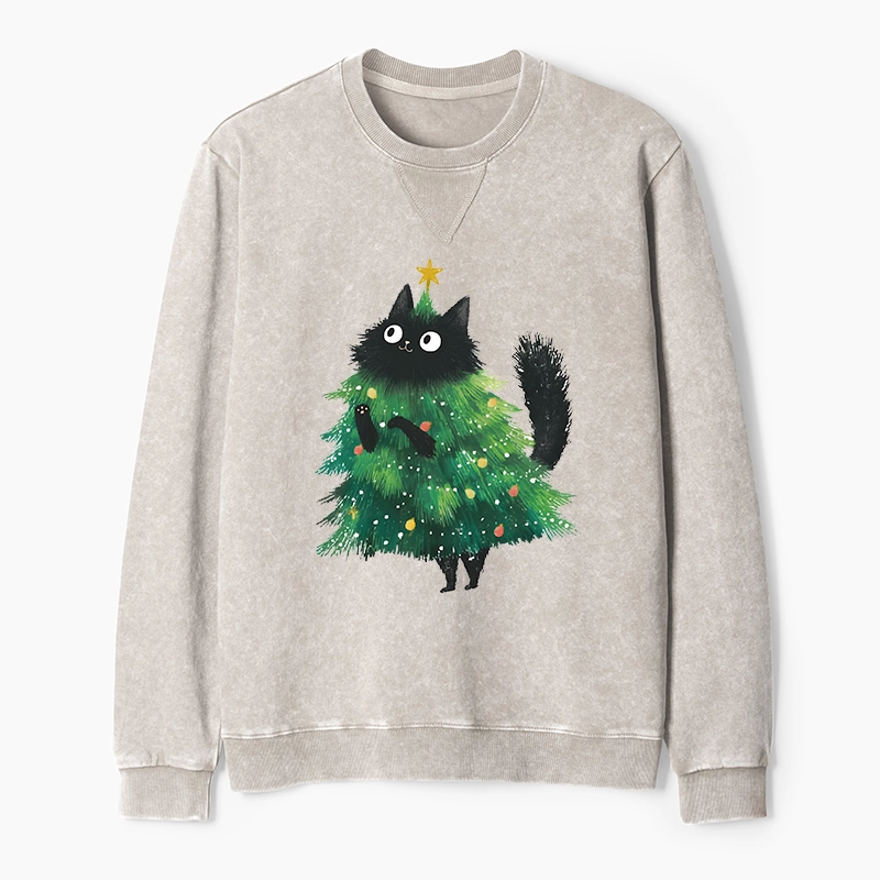Tokyo-Tiger Christmas Tree Cat Japan Washed Terry Sweatshirt