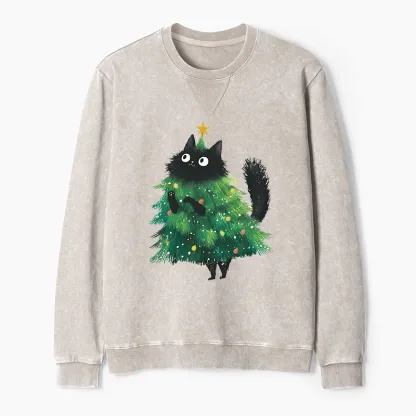 Tokyo-Tiger Christmas Tree Cat Japan Washed Terry Sweatshirt