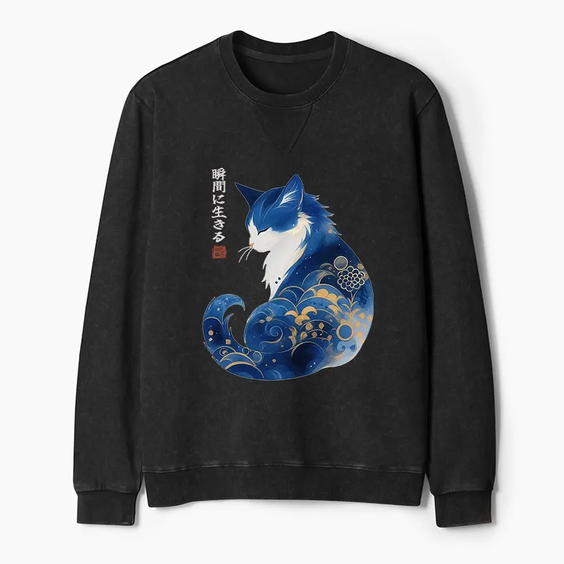 Tokyo-Tiger Retro Zen Cat: Living the Present Washed Terry Sweatshirt