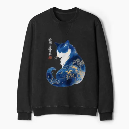 Tokyo-Tiger Retro Zen Cat: Living the Present Washed Terry Sweatshirt