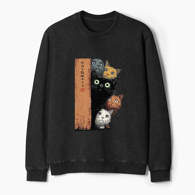 Tokyo-Tiger Five Cats Are Watching You Washed Terry Sweatshirt