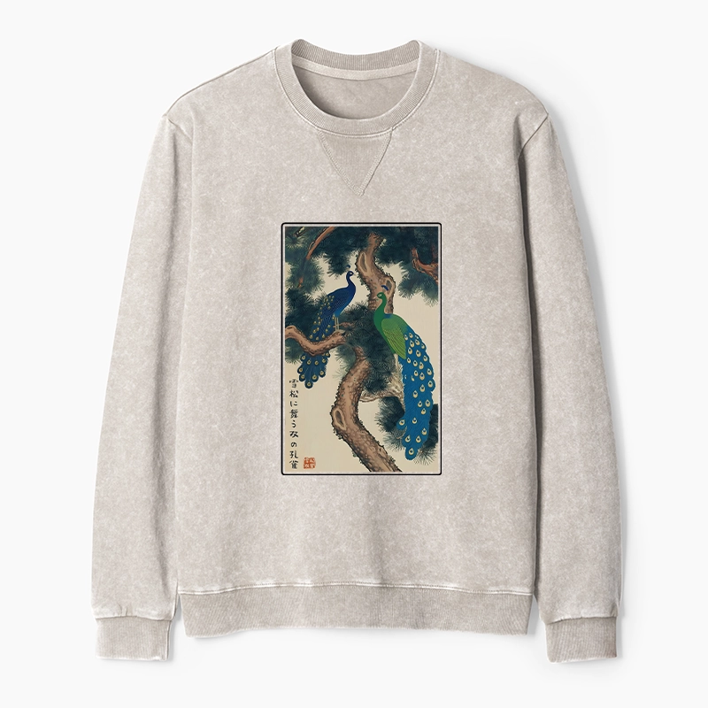 Tokyo-Tiger Peacocks in Snowy Pines Washed Terry Sweatshirt