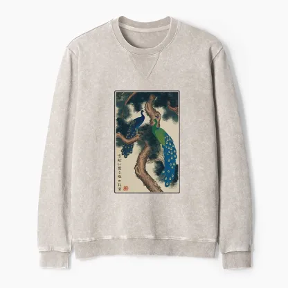 Tokyo-Tiger Peacocks in Snowy Pines Washed Terry Sweatshirt