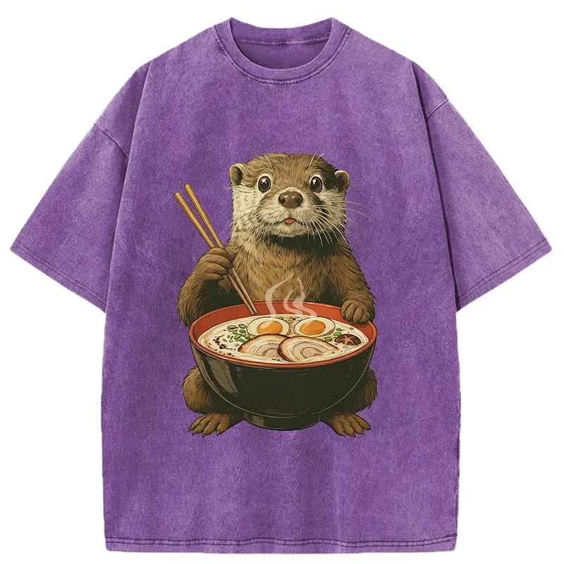 Tokyo-Tiger Otter Eating Ramen Washed T-Shirt