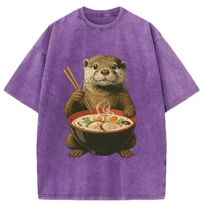 Tokyo-Tiger Otter Eating Ramen Washed T-Shirt