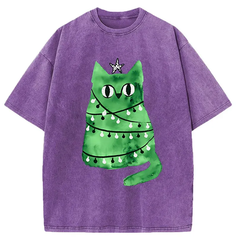 Tokyo-Tiger Christmas Tree Green Cat Washed T-Shirt