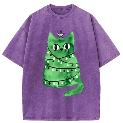 Tokyo-Tiger Christmas Tree Green Cat Washed T-Shirt