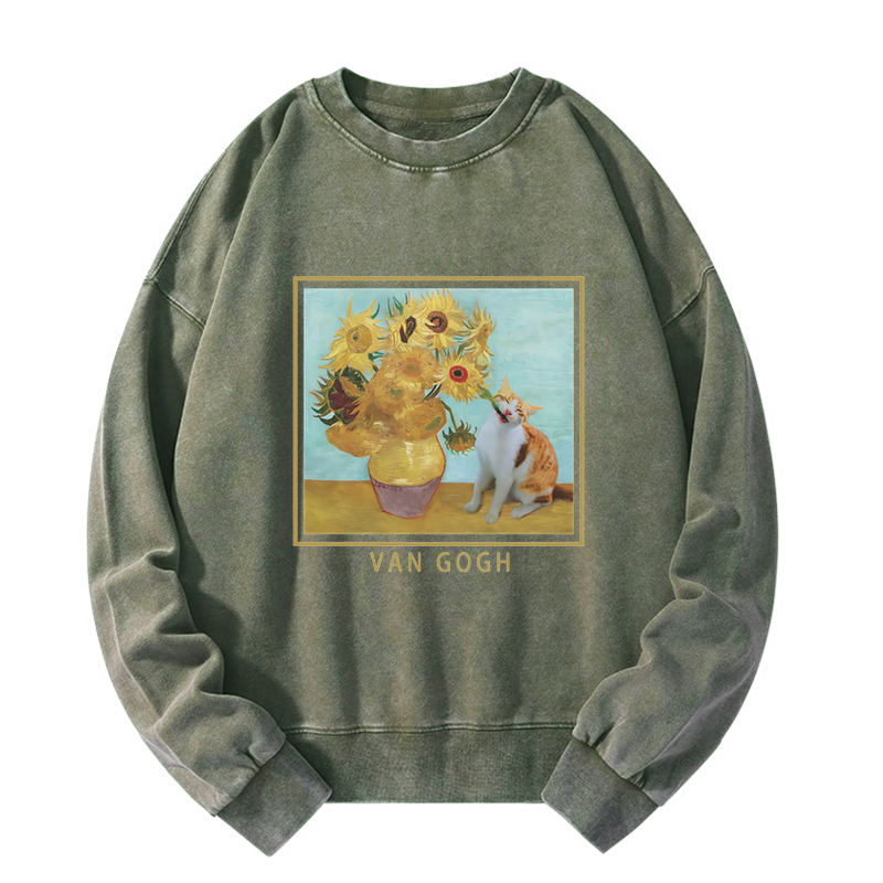 Tokyo-Tiger Naughty Cat Biting Sunflower Washed Sweatshirt Sale