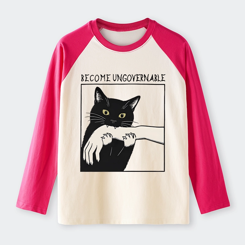 Tokyo-Tiger Black Cat Biting Raglan Long Sleeve T-shirt