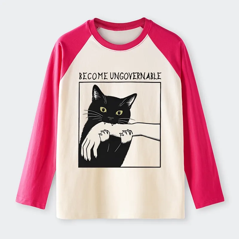 Tokyo-Tiger Black Cat Biting Raglan Long Sleeve T-shirt