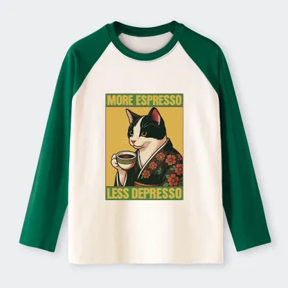 Tokyo-Tiger Tuxedo Cat Drinking Coffee Raglan Long Sleeve T-shirt