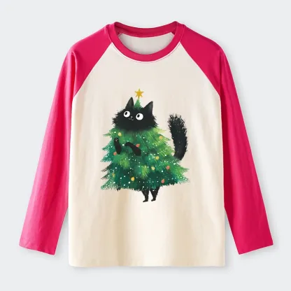Tokyo-Tiger Christmas Tree Cat Japan Raglan Long Sleeve T-shirt