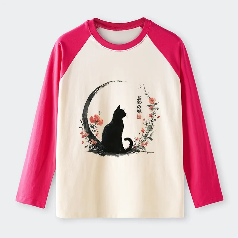 Tokyo-Tiger Black Cat And Flowers Raglan Long Sleeve T-shirt
