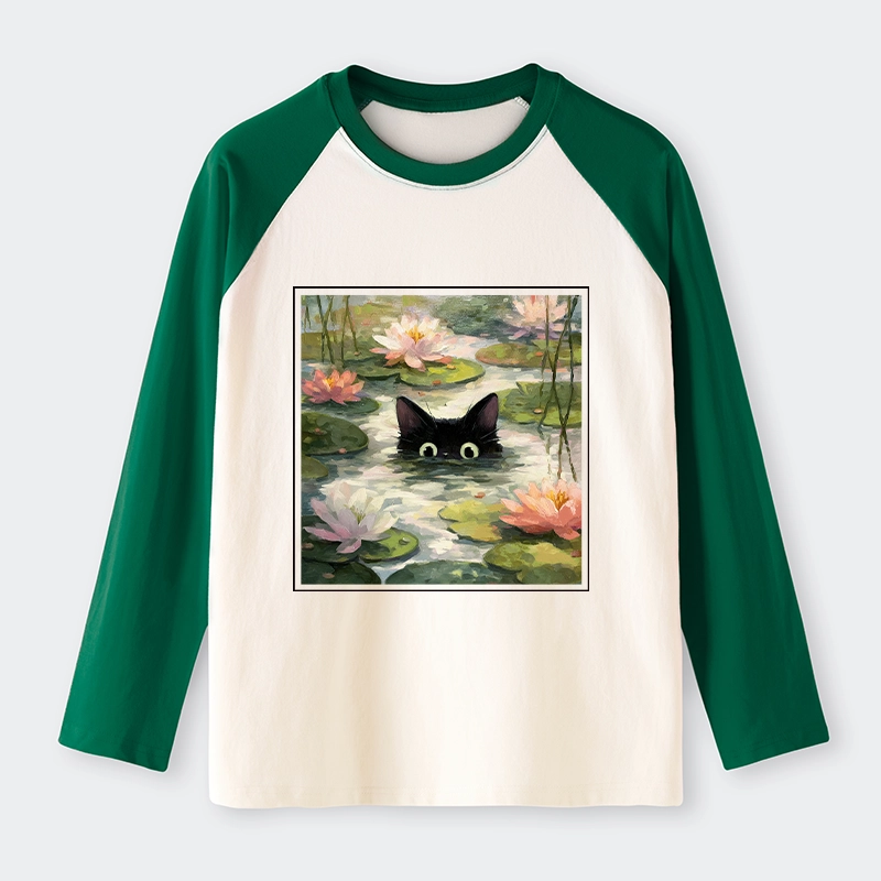 Tokyo-Tiger Black Cat and Lotus Flower Raglan Long Sleeve T-shirt