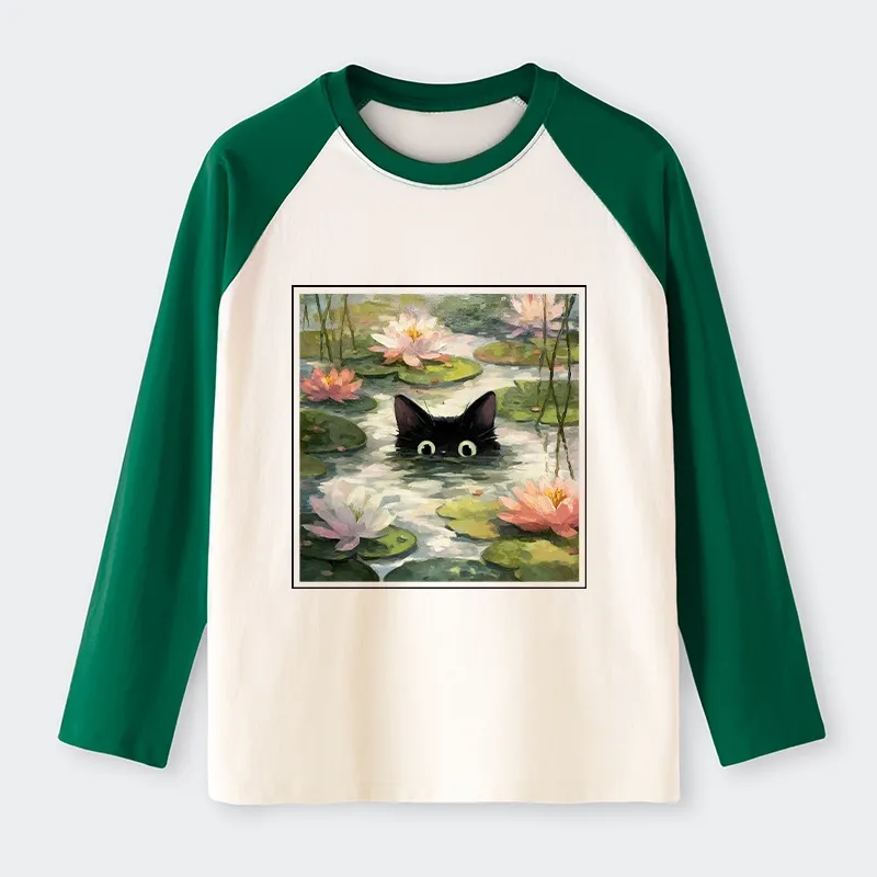 Tokyo-Tiger Black Cat and Lotus Flower Raglan Long Sleeve T-shirt
