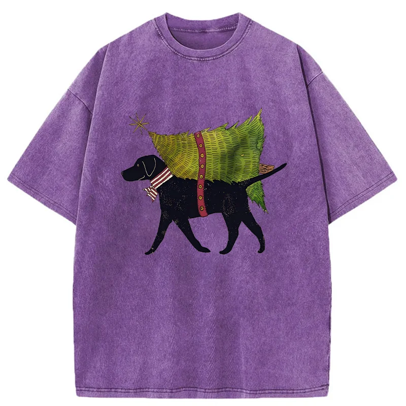 Tokyo-Tiger Dog Carrying Christmas Tree Washed T-Shirt