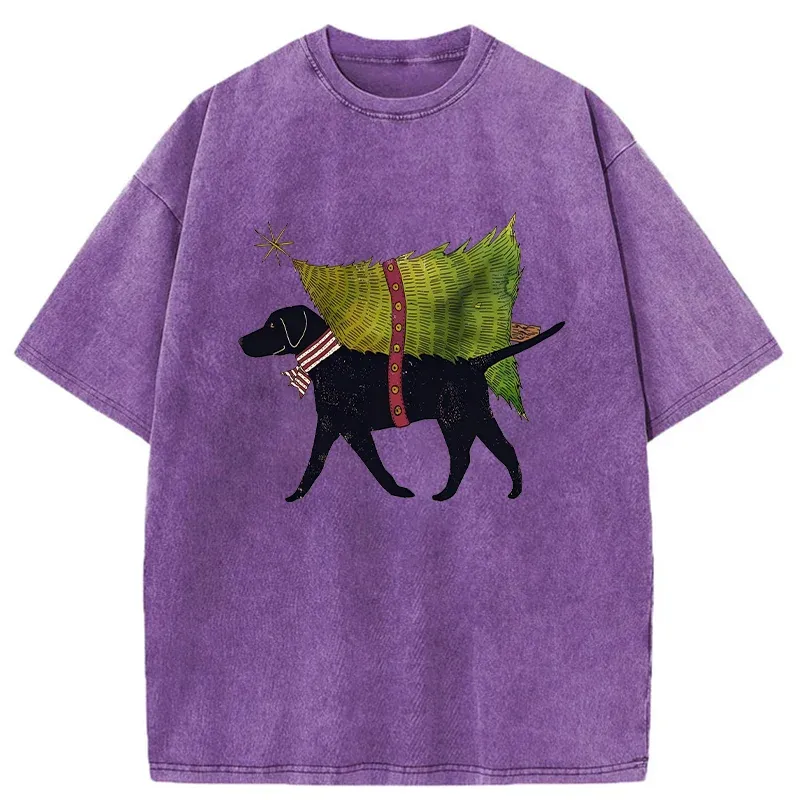 Tokyo-Tiger Dog Carrying Christmas Tree Washed T-Shirt