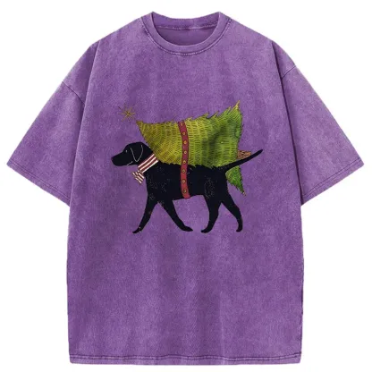 Tokyo-Tiger Dog Carrying Christmas Tree Washed T-Shirt