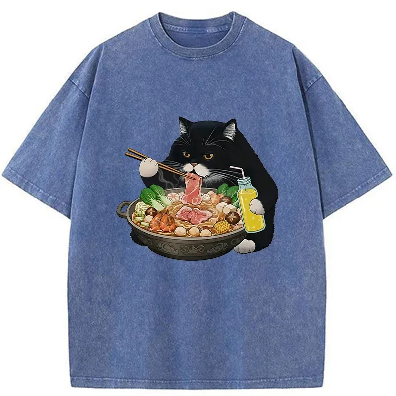Tokyo-Tiger Black Cat Eating Hot Pot Washed T-Shirt