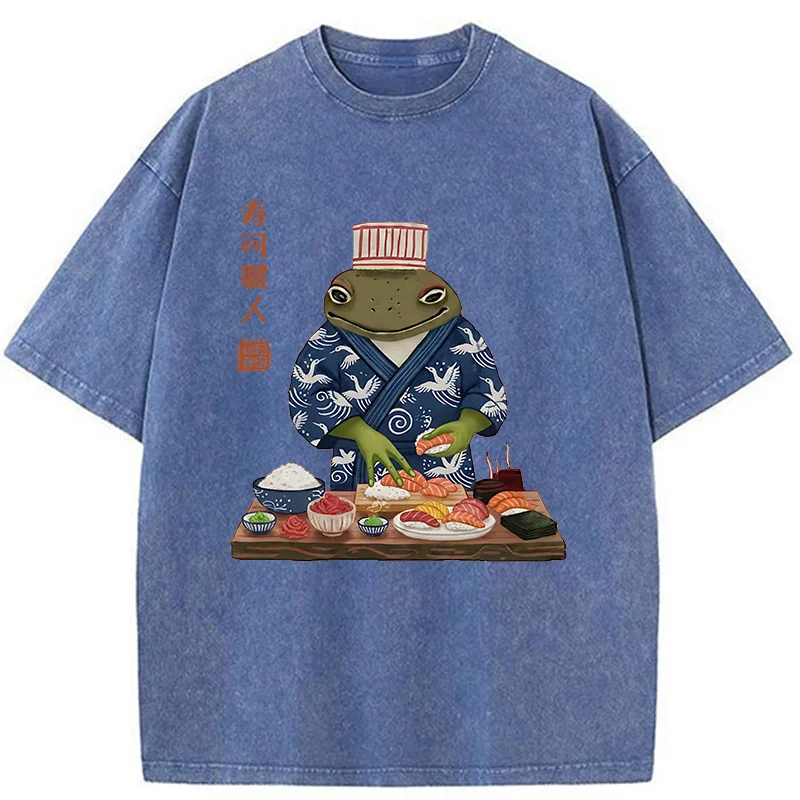 Tokyo-Tiger Frog Sushi Chef Washed T-Shirt