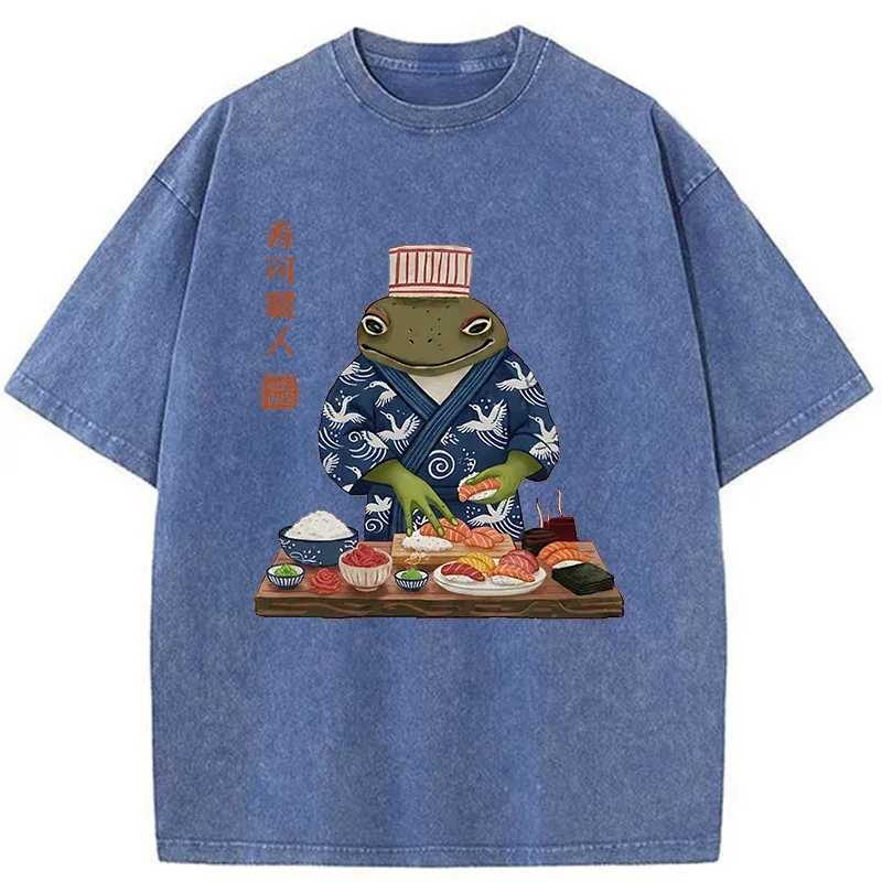 Tokyo-Tiger Frog Sushi Chef Washed T-Shirt