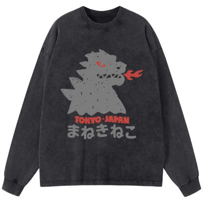 Tokyo-Tiger Japanese Fortune Cat Washed Long Sleeve T-Shirt