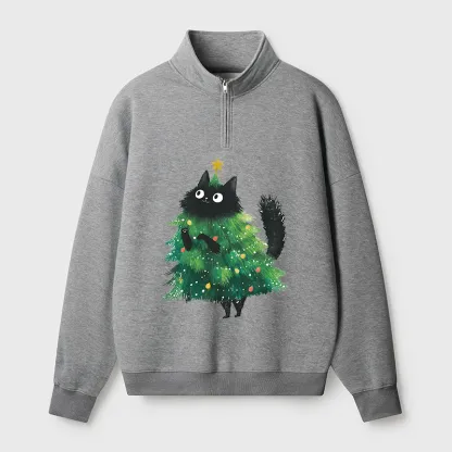Tokyo-Tiger Christmas Tree Cat Japan Half Zip Fleece Sweatshirt