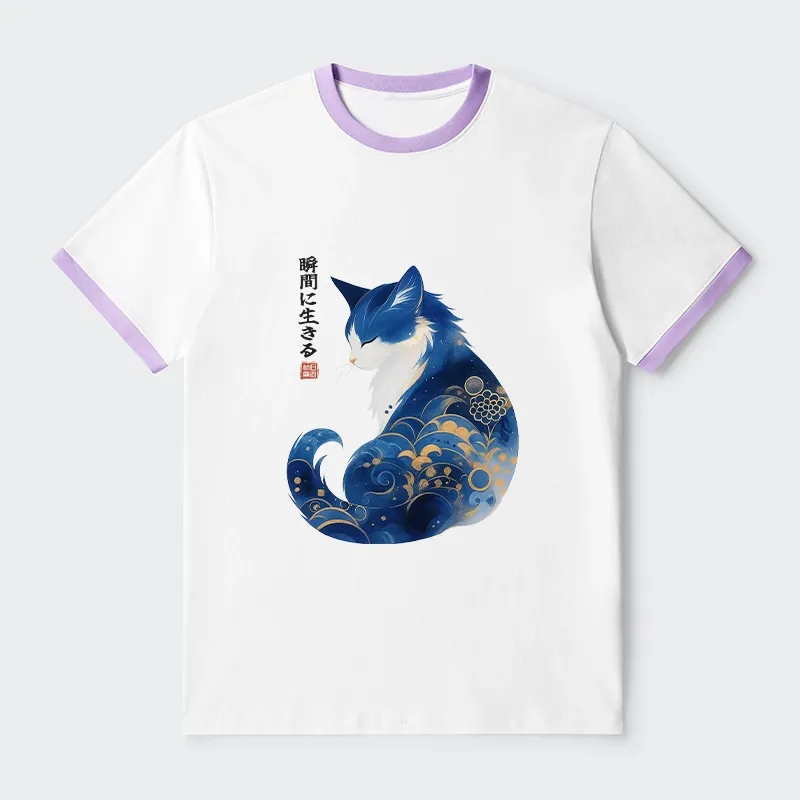 Tokyo-Tiger Retro Zen Cat: Living the Present Trim T-Shirt