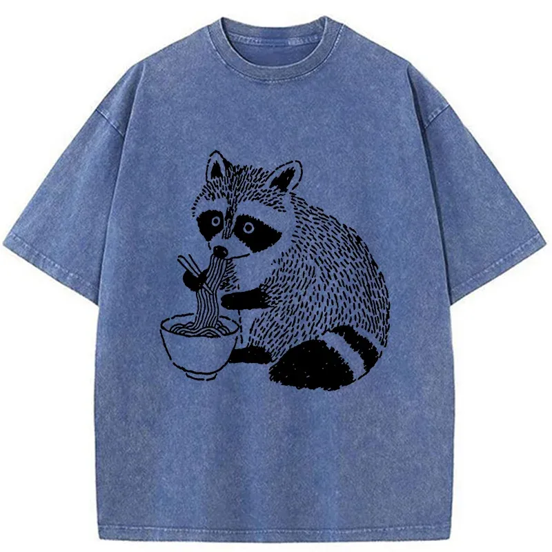 Tokyo-Tiger Cute Raccoon Eating Ramen Washed T-Shirt