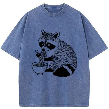 Tokyo-Tiger Cute Raccoon Eating Ramen Washed T-Shirt