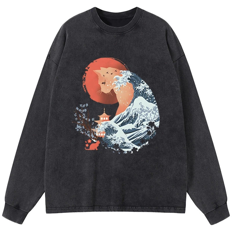Tokyo-Tiger Spirit Cat Wave Japan Washed Long Sleeve T-Shirt