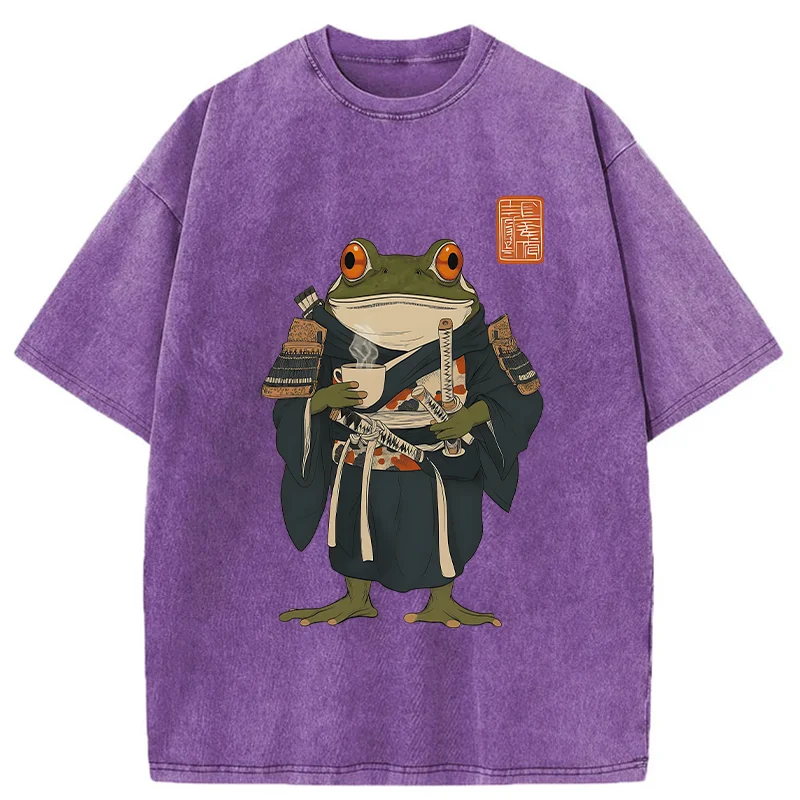 Tokyo-Tiger Frog Samurai Drinking Tea Washed T-Shirt