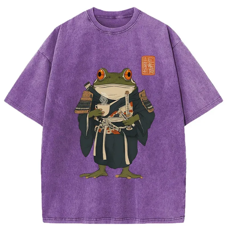 Tokyo-Tiger Frog Samurai Drinking Tea Washed T-Shirt