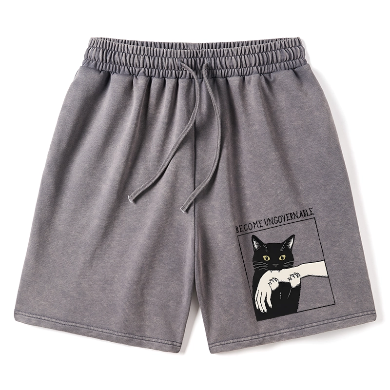Tokyo-Tiger Black Cat Biting Washed Shorts