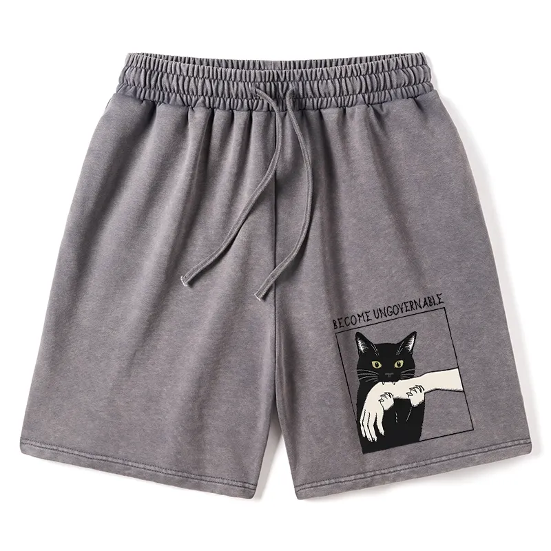 Tokyo-Tiger Black Cat Biting Washed Shorts