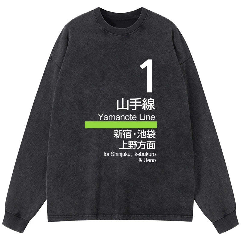 Tokyo-Tiger Tokyo Yamanote Line Platform Sign Washed Long Sleeve T-Shirt Sale