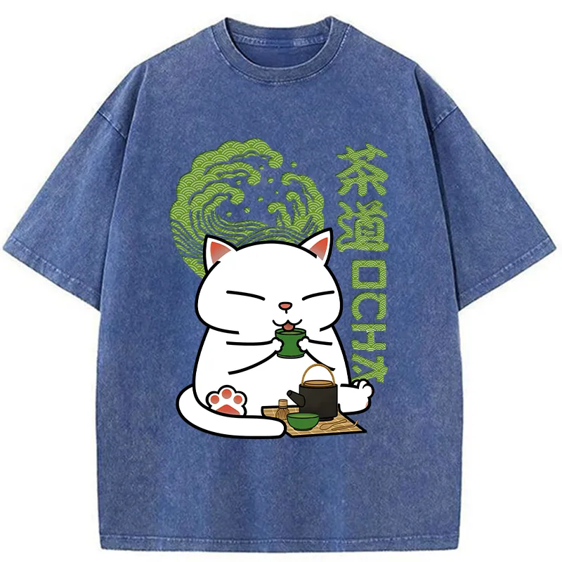 Tokyo-Tiger Cat Tasting Tea Washed T-Shirt