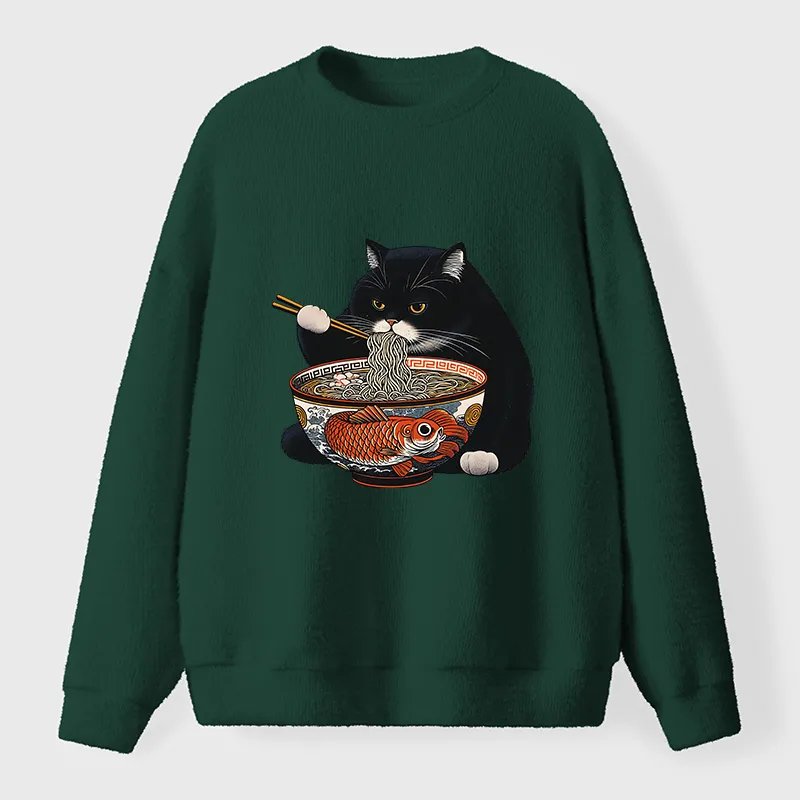 Tokyo-Tiger Fat Cat Eating Ramen Fuzzy Sweatshirt