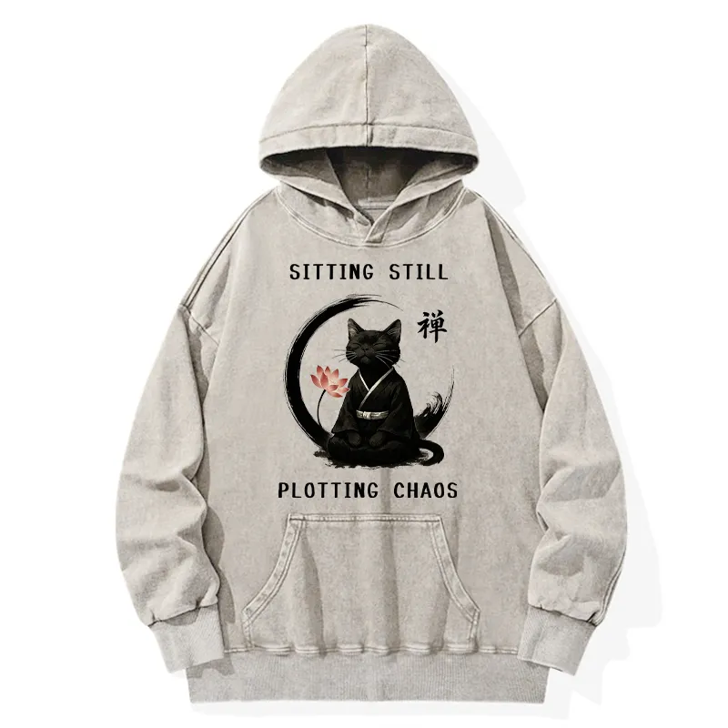 Tokyo-Tiger Sitting still  plotting chaos Calming Zen Cat Funny Washed Hoodie