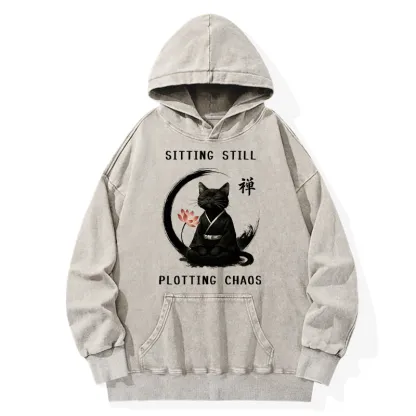 Tokyo-Tiger Sitting still  plotting chaos Calming Zen Cat Funny Washed Hoodie
