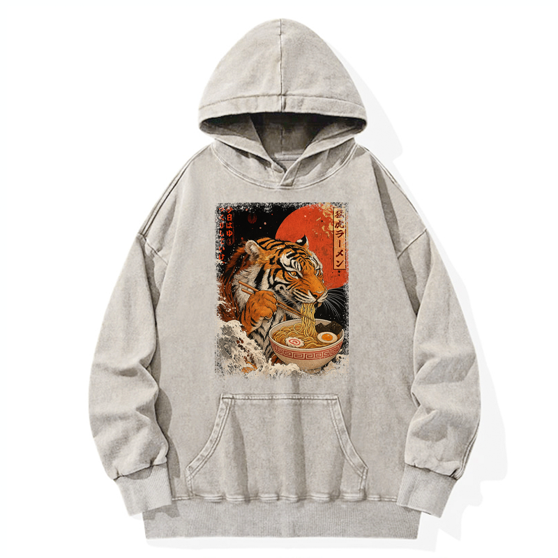 Tokyo-Tiger Ukiyoe Japan Tiger Eating Ramen Washed Hoodie