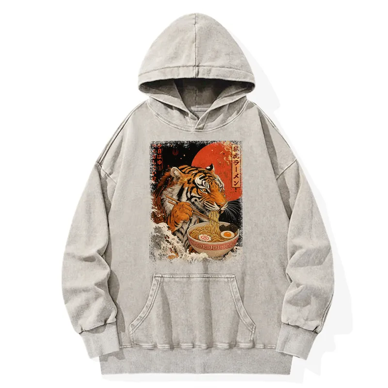 Tokyo-Tiger Ukiyoe Japan Tiger Eating Ramen Washed Hoodie