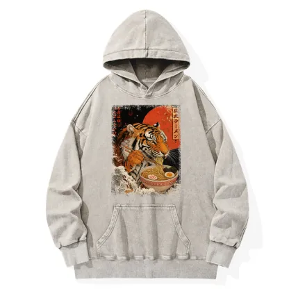 Tokyo-Tiger Ukiyoe Japan Tiger Eating Ramen Washed Hoodie