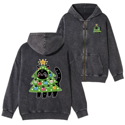 Tokyo-Tiger Christmas Tree Cat Washed Zip Hoodie